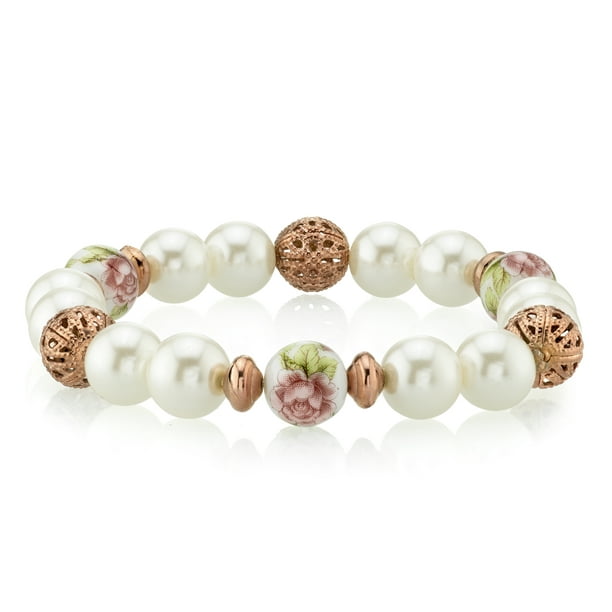 Pearl and Gold Rose Stretch Bracelet
